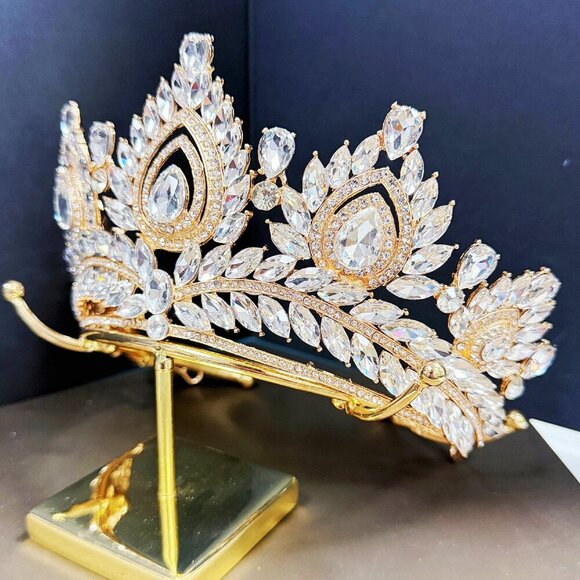 Quinceanera Crown, Clear Rhinestone Crown, Large Size Crown, Gold Crystal Crown main image 5